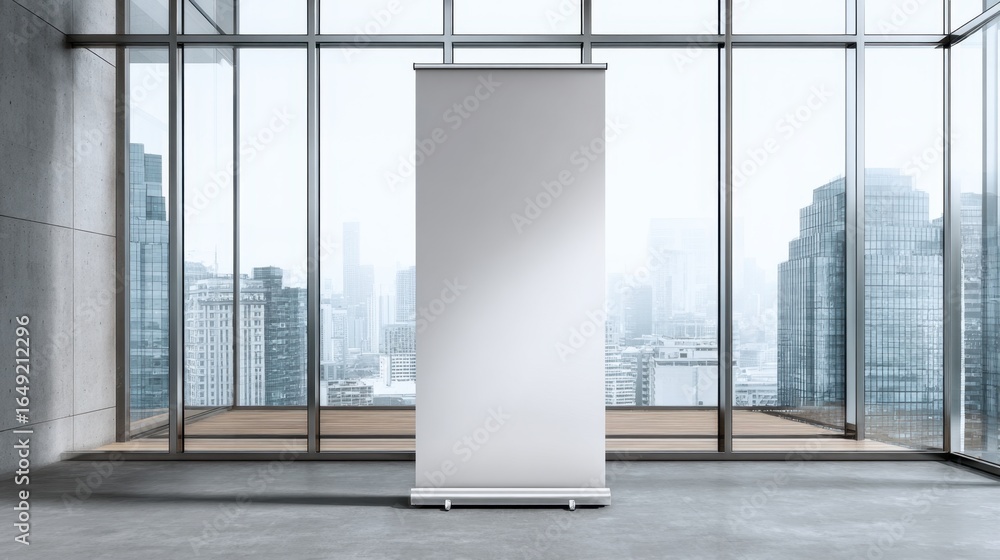 Poster modern space features a blank display stand against a backdrop of a cityscape viewed through expansi