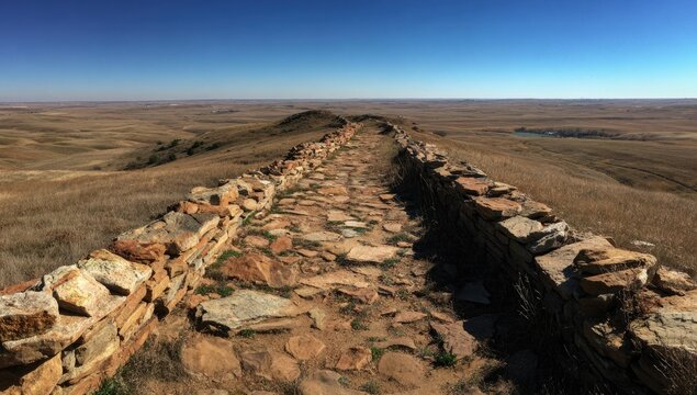 Panoramic view of a stone pathway on a high, dry plains landscape