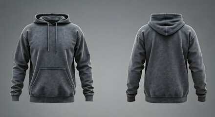 Dark gray stone-washed hoodie presented front and back. Ideal for apparel mockups product showcases or casual fashion inspiration. Features a distressed texture and comfortable fit.