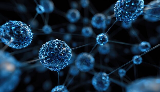 Detailed close-up of interconnected, glowing blue spheres.  Intricate network of thin lines connects the spheres. Dark background enhances the luminescence