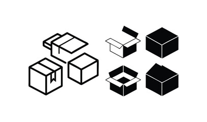 Collection of isometric cardboard boxes in outline and solid styles