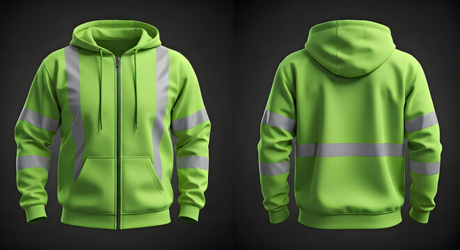 Vibrant lime green reflective safety hoodie ideal for high visibility work environments or outdoor activities ensuring enhanced wearer safety and comfort a practical apparel solution