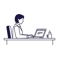 Busy at the Desk: A focused woman in a minimal setting, is deeply engrossed in her work, with the steam from the hot drink adding a touch of warmth. The design conveys focus and dedication.