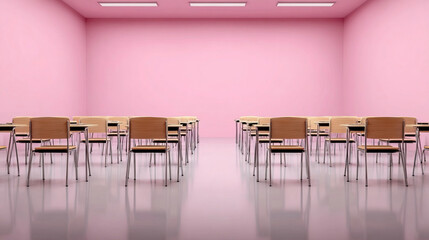 Empty Classroom with Desks and Chairs in Minimalist Layout on Transparent Background