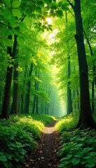 Obraz premium Lush green forest canopy, sunlight dappling through leaves, vibrant springtime foliage, peaceful woodland scene Perfect for environmental, nature, and ecological themes , light, forest, color