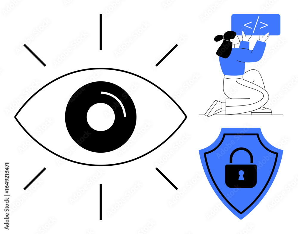 Poster eye symbolizing vision, a coder holding a programming screen, and a shield with a lock for privacy. 