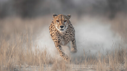 A cheetah sprinting at full speed across a dry grassland, its eyes locked forward with intense focus. Dust rises behind its powerful strides, and the blurred background emphasizes its incredible speed