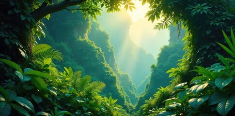 Lush green rainforest canopy teeming with life, sunlight dappling through leaves onto the vibrant undergrowth Explore the untamed beauty of a jungle paradise , jungle, trees, wallpaper