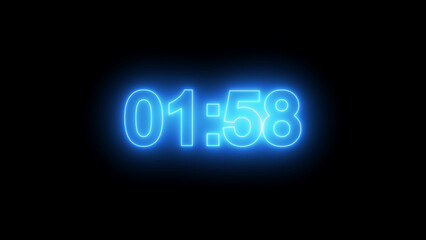 Neon blue digital timer showing 01:58 on black background
