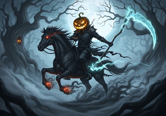 A headless horseman with a pumpkin head riding a black horse in a spooky halloween scene at night