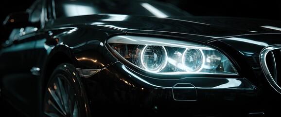 Sleek black car with illuminated headlights in a dark setting, showcasing modern automotive design and elegance.