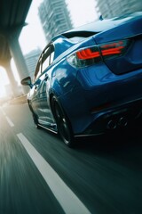 Sleek blue car speeding on a city highway at sunset, showcasing urban transportation and modern design.