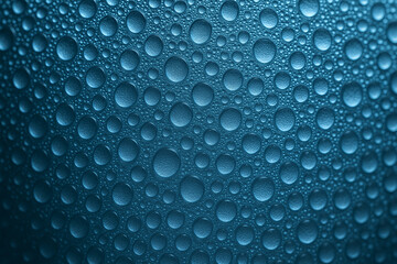 Macro close up of blue water droplets densely covering a textured background under even lighting