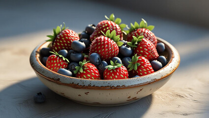 Fresh strawberries and blueberries bursting with vibrant color in a rustic bowl, perfect for healthy eating and summer recipes