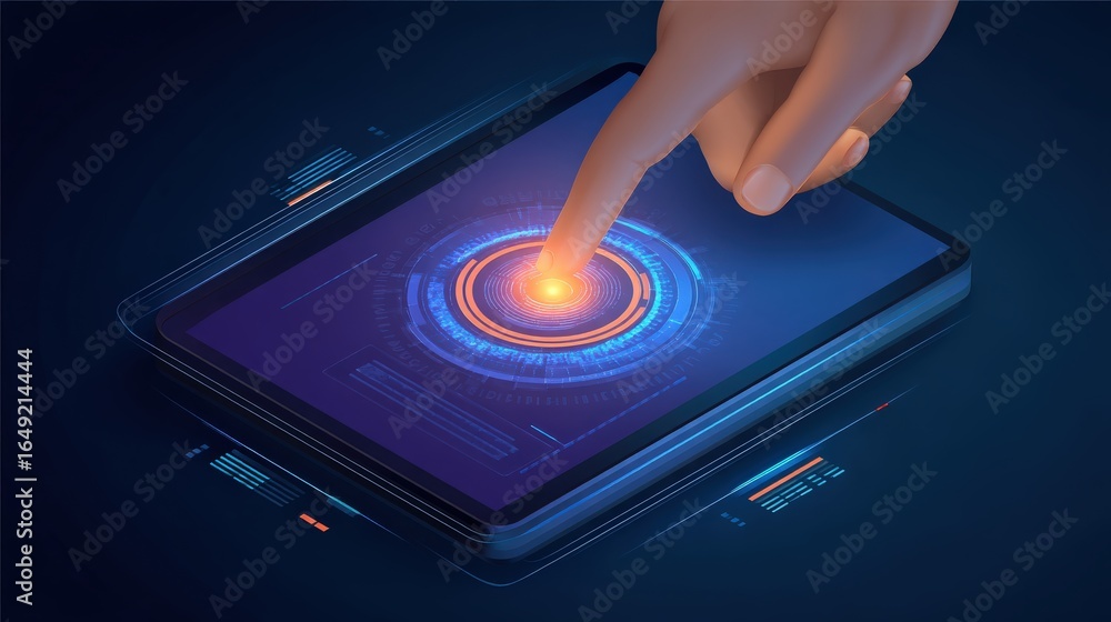 Poster a futuristic tablet interface with a glowing circular button, activated by a finger, showcasing adva