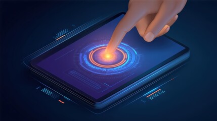 A futuristic tablet interface with a glowing circular button, activated by a finger, showcasing advanced technology and digital interaction.