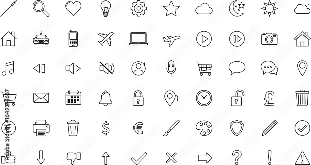 Poster a collection of outline icons representing various symbols and functions on a white background layou