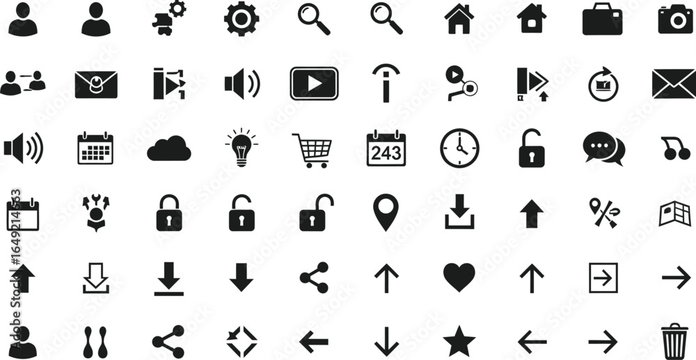 Poster collection of various black and white icons arranged in a grid pattern on a light background