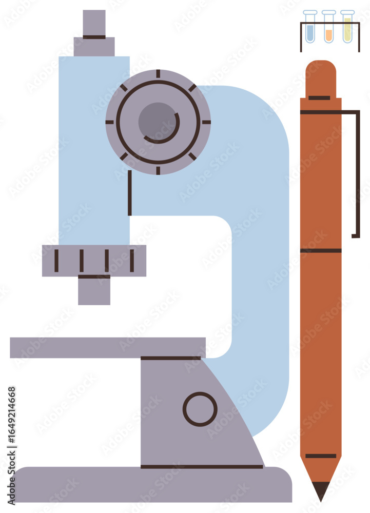 Poster microscope with detailed structure, pen signifying documentation, and test tubes for experiments. id