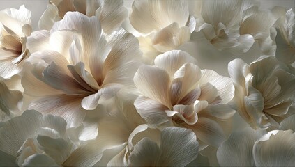 Soft, light beige flowers in close-up.  Delicate petals,  smooth textures,  subtle shading