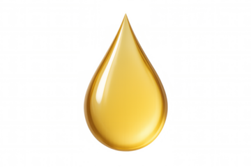 Golden viscous liquid droplet falling with fluid dynamics, highlighting reflective surface texture against clean transparent backdrop