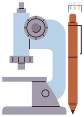 Microscope with detailed structure, pen signifying documentation, and test tubes for experiments. Ideal for science, research, innovation, education, laboratory, biology and a simple flat metaphor