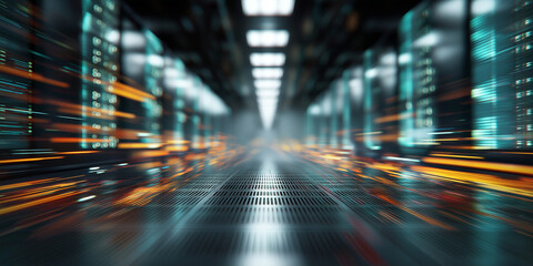 Symmetrical server hallway with fast-moving orange and blue light trails representing data transfer and connectivity
