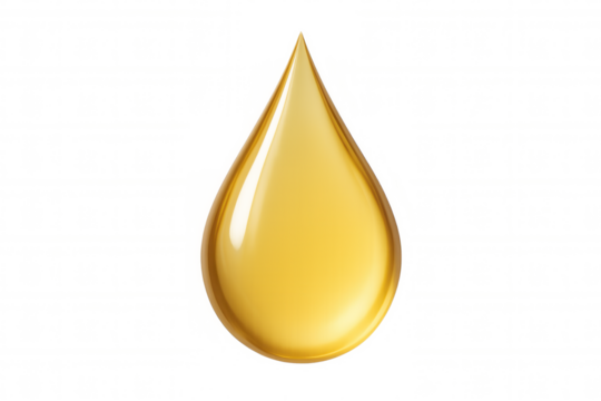 Golden viscous liquid droplet falling with fluid dynamics, highlighting reflective surface texture against clean transparent backdrop