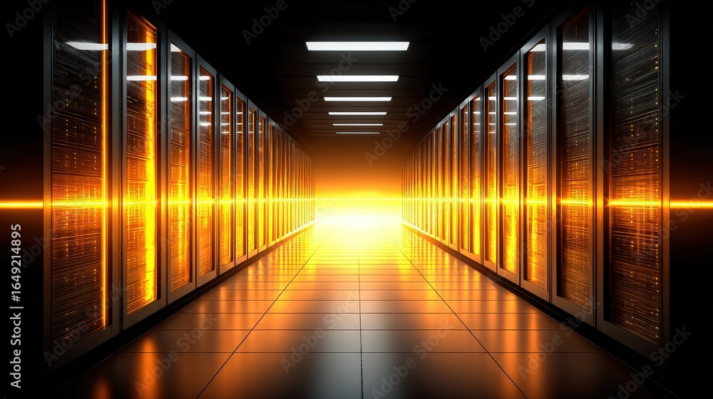 Poster a high-tech corridor illuminated by warm light, showcasing rows of server racks with a futuristic am
