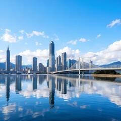 Fototapeta premium Modern Cityscape with Skyscrapers and Bridge Over Calm Water