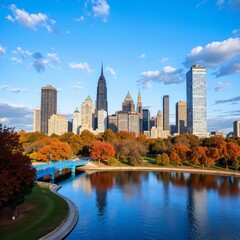 Obraz premium Cityscape with Modern Skyscrapers and Autumnal Park Reflections