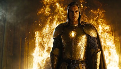 Fiery warrior in golden armor stands amidst flames.