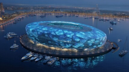 A stunning aerial view of a modern stadium illuminated at night, surrounded by water and yachts, showcasing striking architecture.