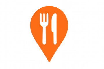 Orange location pin symbol showing dining utensils, marking restaurant spot against clear backdrop