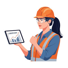 Female Engineer on Labor Day: A focused female engineer, donned in safety gear and protective eyewear, presents rising performance on a tablet, symbolizing the progress made on labor day.