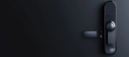 Smart door lock displayed on the right, plain dark gray background, tech branding area 