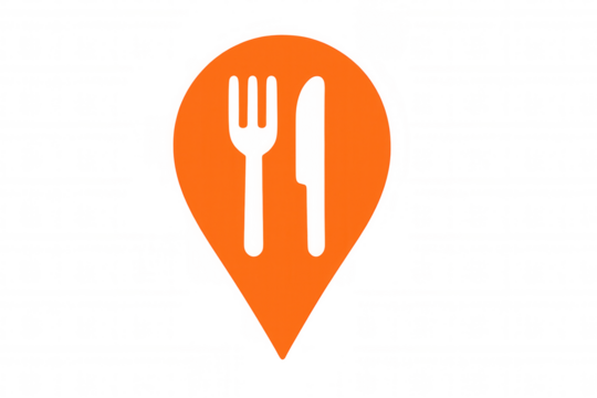 Orange location pin symbol showing dining utensils, marking restaurant spot against clear backdrop