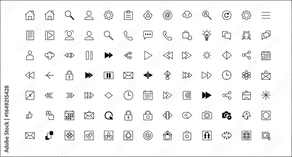 Poster a collection of various black and white line art icons arranged in a rectangular grid pattern