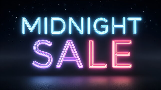 Neon midnight sale sign glowing in dark background  , design banner sale concept  