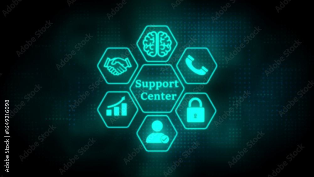Poster support center hexagon icons with digital background