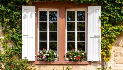 Obraz premium Charming Window with White Shutters, Flower Boxes, and Ivy-Covered Stone Wall