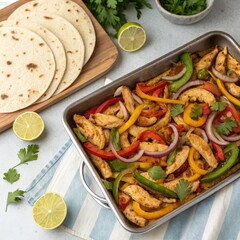 Homemade Chicken Fajitas with Bell Peppers, Onions, and Tortillas.