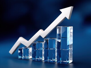 3D Bar Graph in Glass with Upward Arrow on Blue Background