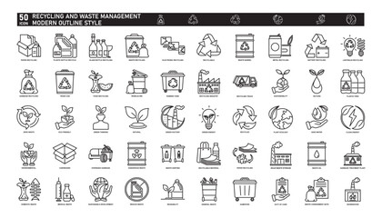 Recycling and Waste Management Icon Set in Modern Outline Style