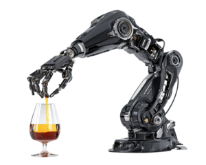 Black Robotic Bartender Pouring Drink from a Nice Glass on Transparent Background