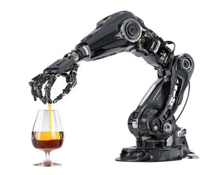 Black Robotic Bartender Pouring Drink from a Nice Glass on Transparent Background