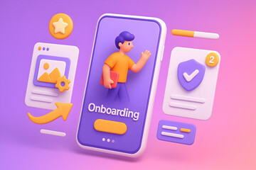 Mobile onboarding screen with progress and icons
