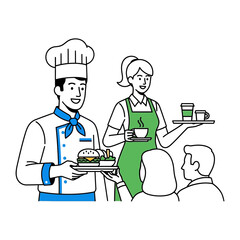 Culinary Crew at Service: A cheerful chef and a waitress harmoniously serve a plate of delectable food and a tray of beverages to eager patrons.