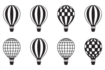 Naklejka premium Set of Black and White Hot Air Balloon Icons in Striped and Checkered Designs