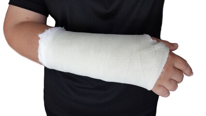 A plaster cast to the right wrist due to a fracture. isolated on white background